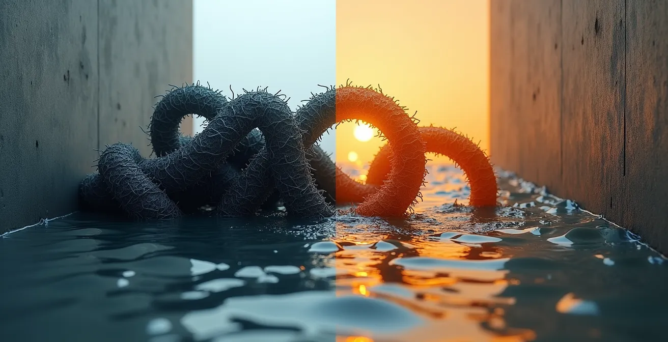 Métaphore visuelle montrant deux chemins : l'un tortueux et bloqué, l'autre fluide et lumineux, illustrant la facilité d'usage.