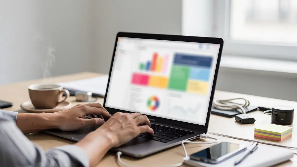 Poste de travail avec ordinateur affichant interface tableau de bord