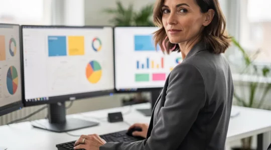 Responsable QHSE analysant tableaux de bord multi-écrans bureau moderne