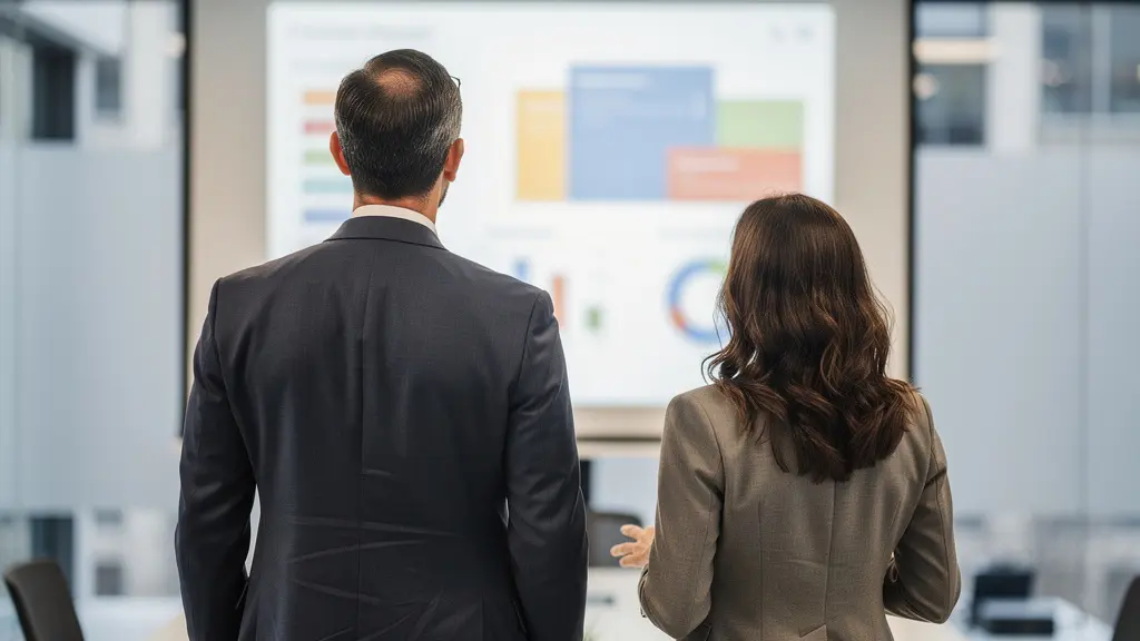 Équipe QHSE et marketing analysant dashboard projeté salle de réunion