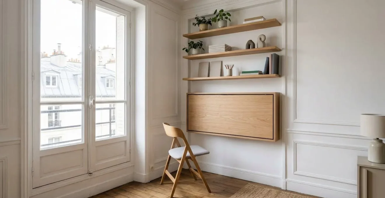 Espace de travail modulaire et ergonomique dans un petit appartement avec mobilier escamotable