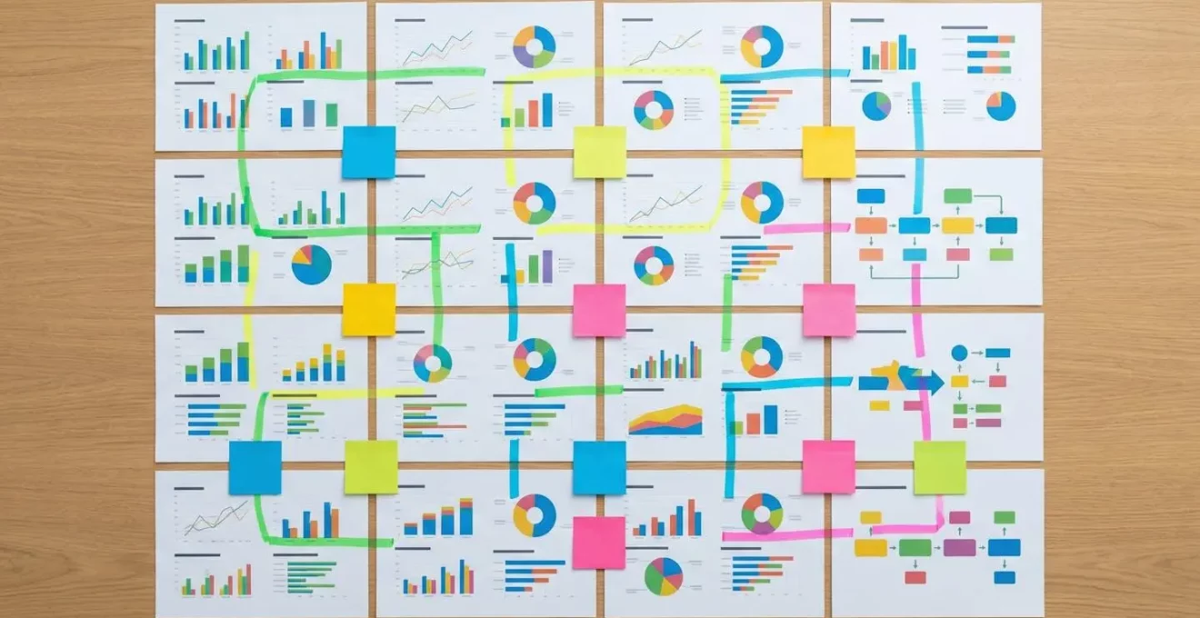 Vue aérienne de documents professionnels organisés sur un bureau avec surligneurs et notes adhésives colorées