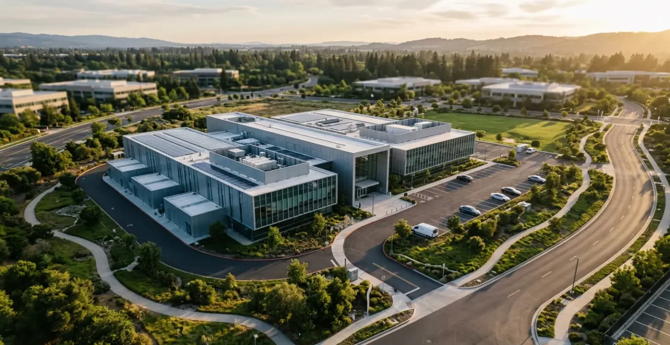 Vue aérienne d'un centre de données moderne avec architecture modulaire évoquant la croissance d'une PME