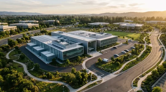 Vue aérienne d'un centre de données moderne avec architecture modulaire évoquant la croissance d'une PME