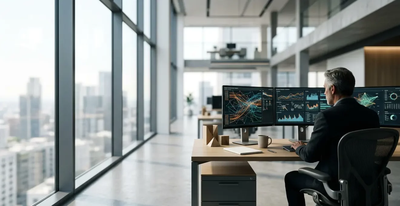 Consultant SEO senior analysant des données complexes sur plusieurs écrans dans un environnement de travail moderne