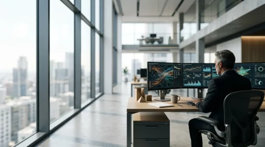 Consultant SEO senior analysant des données complexes sur plusieurs écrans dans un environnement de travail moderne