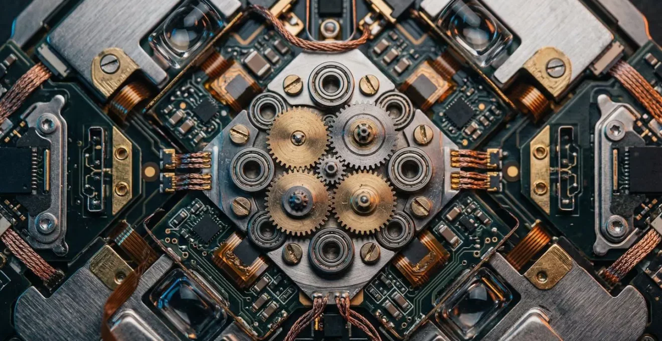 Vue macro détaillée de composants d'automatisation interconnectés représentant un workflow no-code