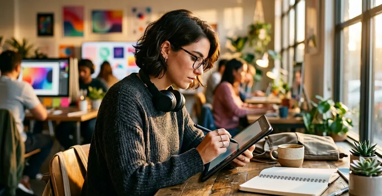 Jeune créatif travaillant sur tablette graphique dans un espace de coworking moderne avec portfolio digital affiché en arrière-plan