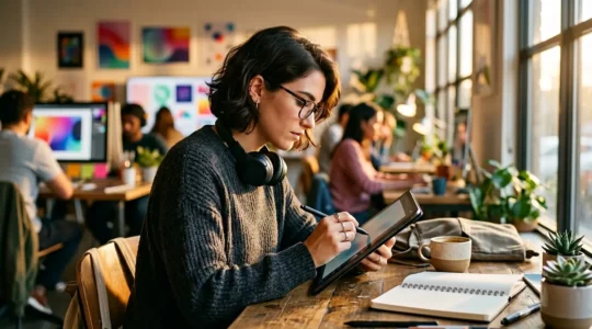 Jeune créatif travaillant sur tablette graphique dans un espace de coworking moderne avec portfolio digital affiché en arrière-plan