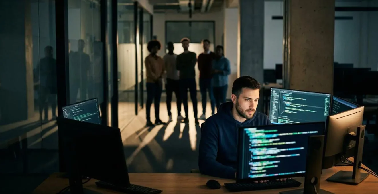 Visualisation métaphorique du Bus Factor avec une équipe de développeurs et un point unique de défaillance