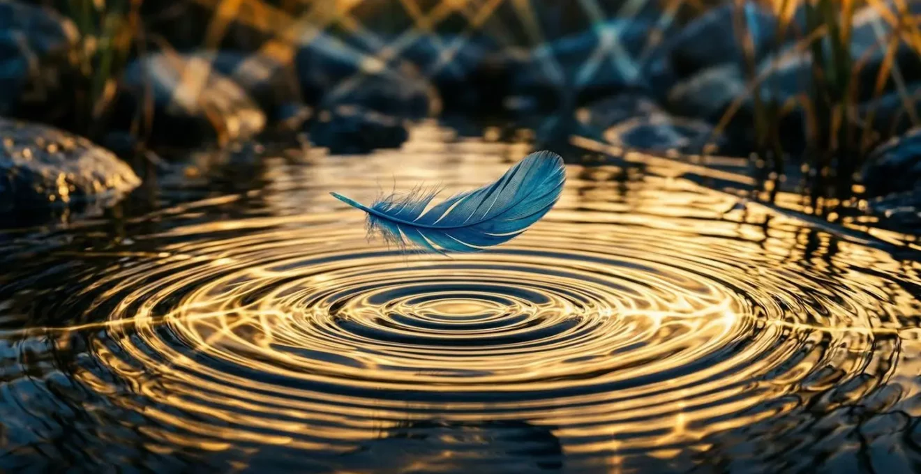 Métaphore visuelle de la vitesse d'indexation avec une plume bleue créant des ondes sur l'eau, symbolisant la diffusion rapide d'une information.
