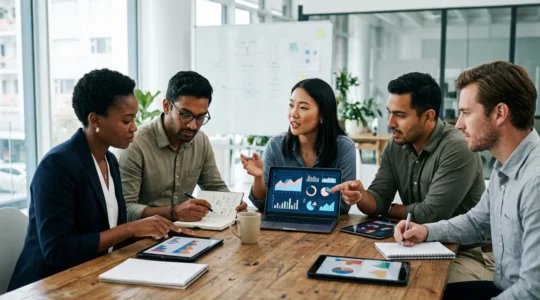 Équipe de PME en réunion collaborative examinant des options de plateformes de formation sur des tablettes et ordinateurs portables