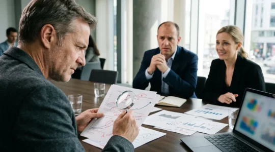 Professionnels analysant attentivement un contrat d'agence dans un bureau moderne