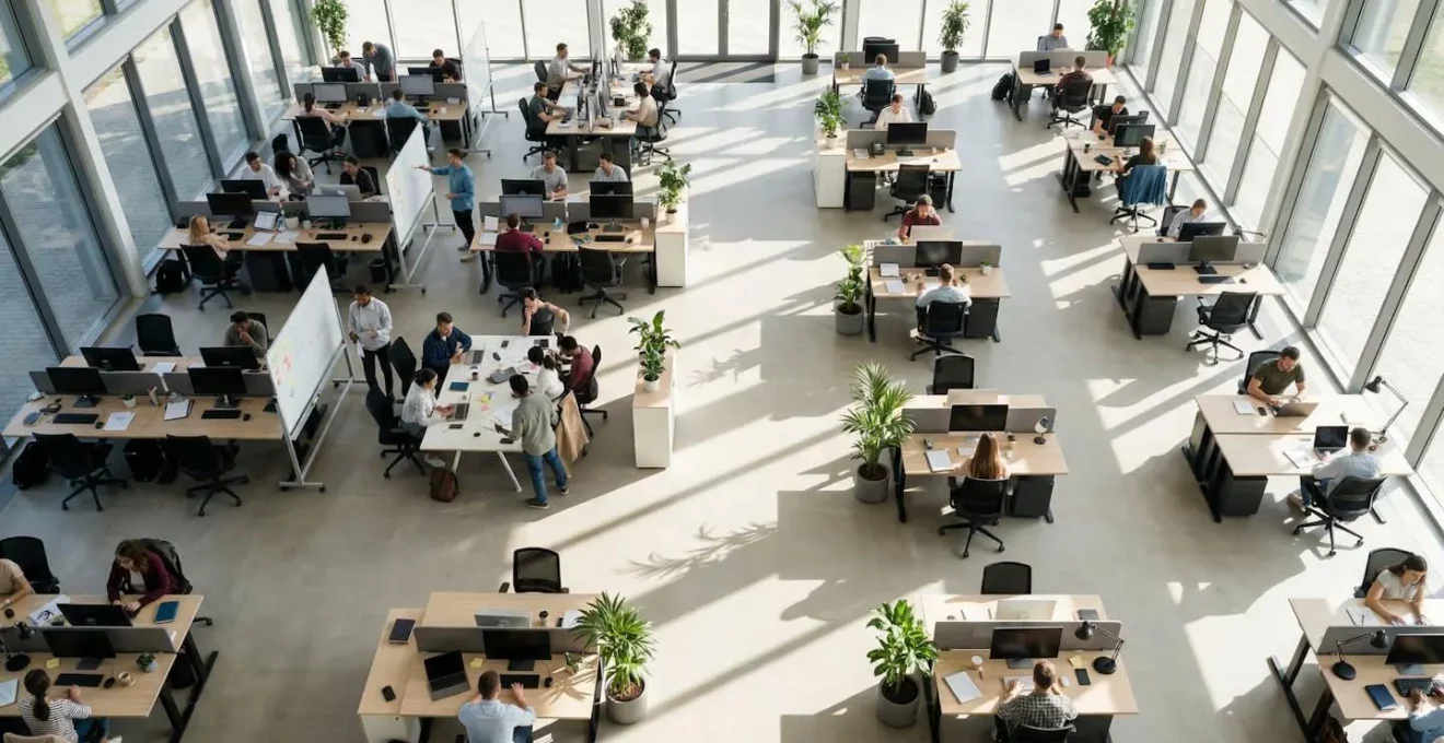 Vue aérienne d'un espace de coworking avec freelances et bureaux d'agence