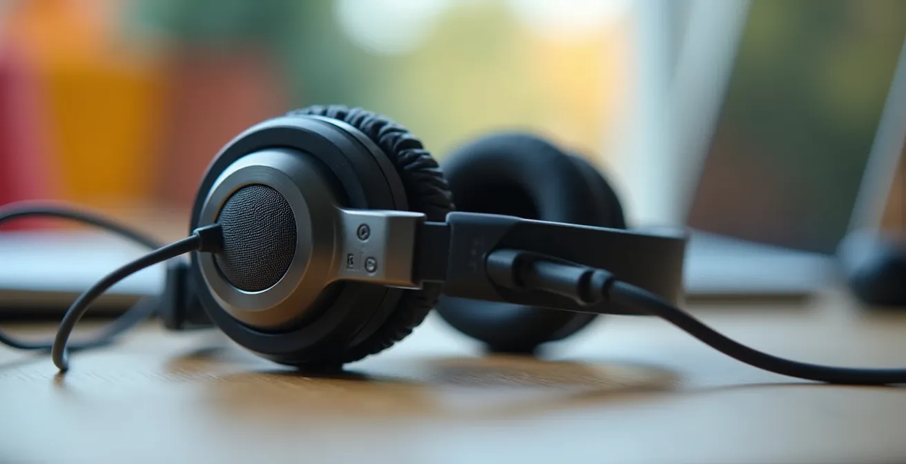 Vue macro d'un casque audio professionnel posé sur un bureau avec arrière-plan flou montrant des formes abstraites colorées