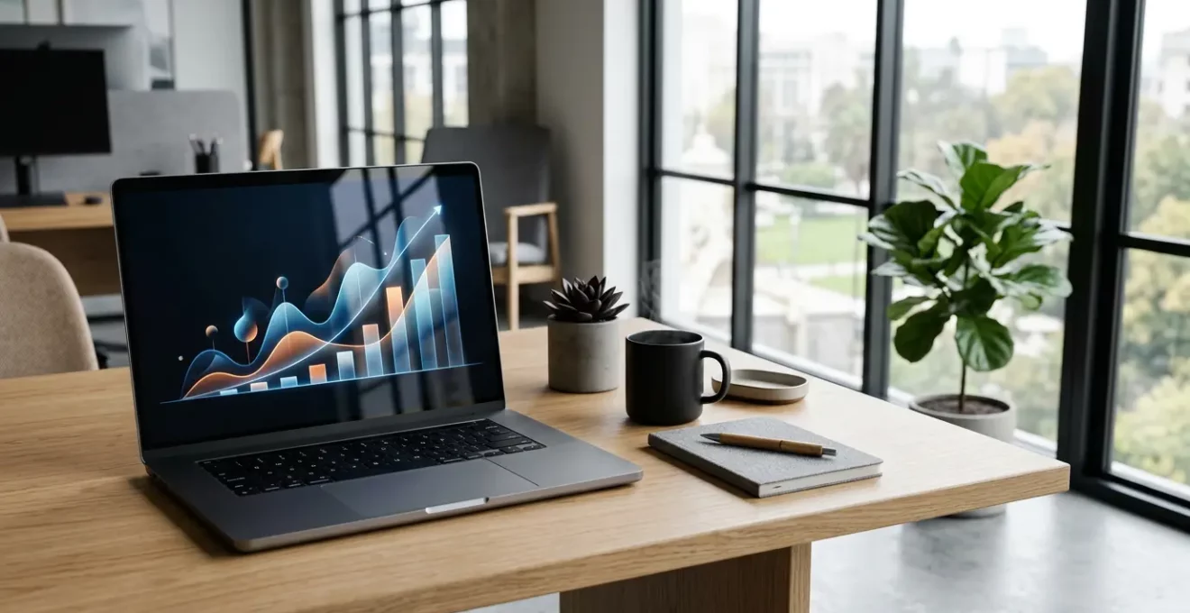 Bureau moderne avec écran d'ordinateur affichant un graphique de conversion ascendant et objets de bureau minimalistes