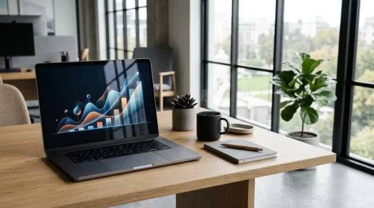 Bureau moderne avec écran d'ordinateur affichant un graphique de conversion ascendant et objets de bureau minimalistes