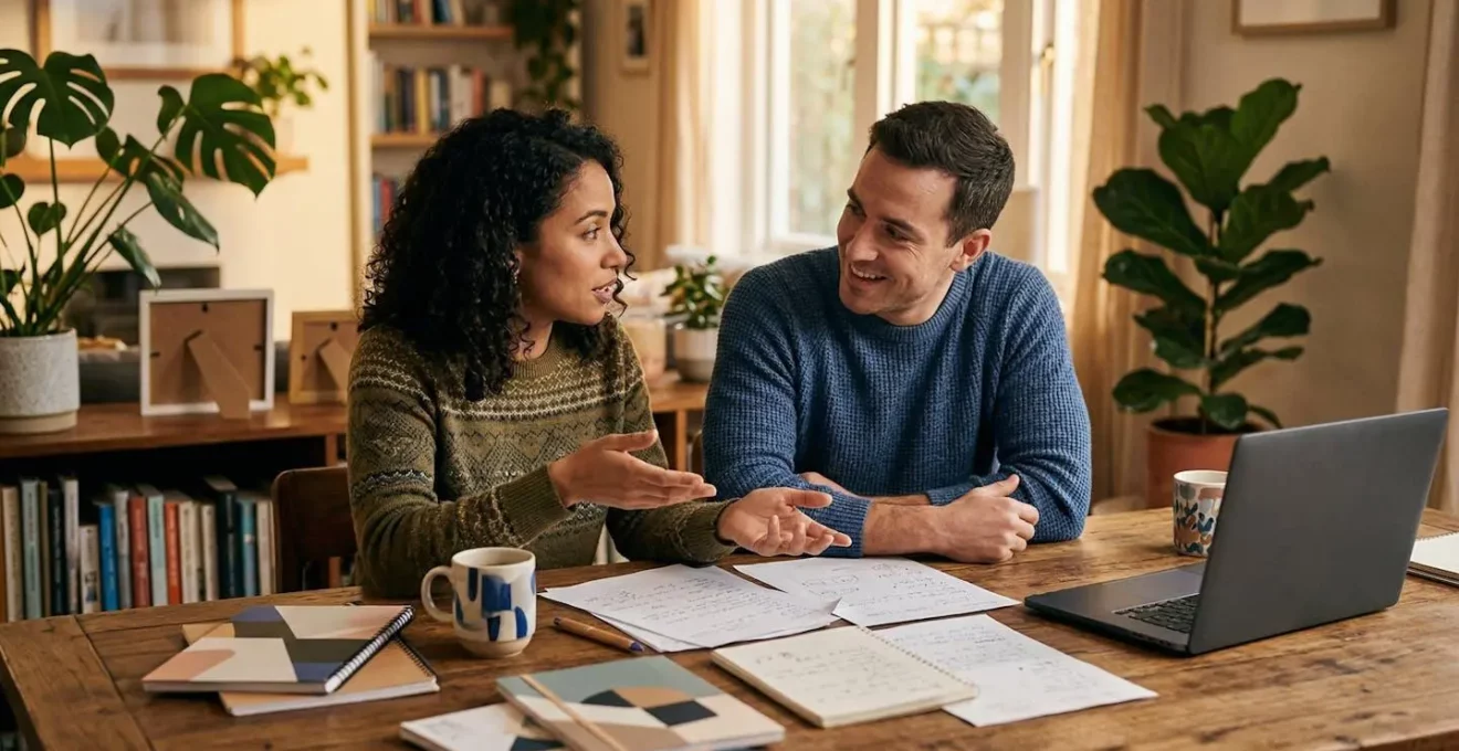 Couple en discussion constructive autour d'un projet professionnel dans un salon chaleureux