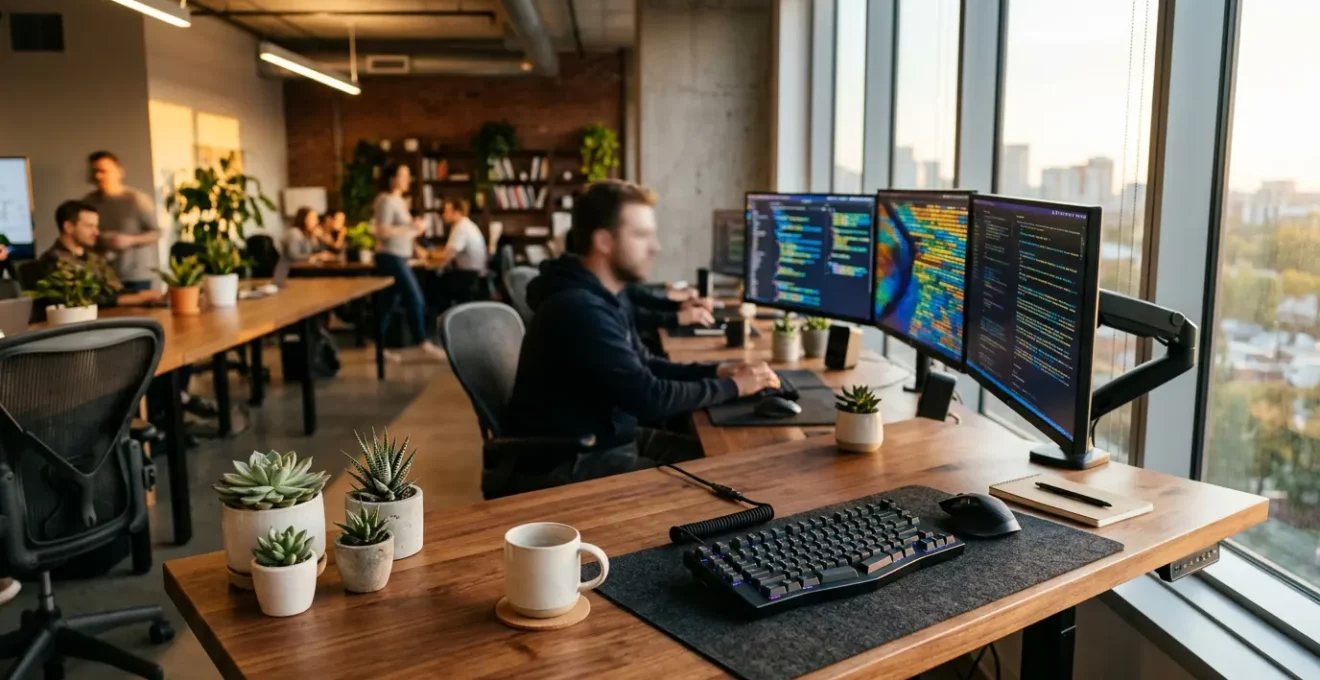 Développeur Full-Stack travaillant dans un espace startup moderne avec plusieurs écrans affichant du code