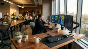 Développeur Full-Stack travaillant dans un espace startup moderne avec plusieurs écrans affichant du code
