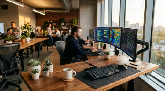 Développeur Full-Stack travaillant dans un espace startup moderne avec plusieurs écrans affichant du code