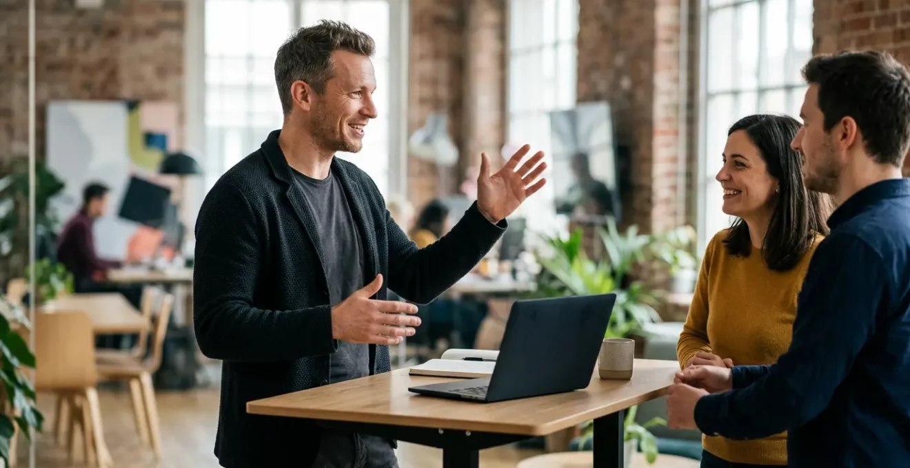 Développeur senior en discussion collaborative avec l'équipe marketing dans un espace de travail moderne