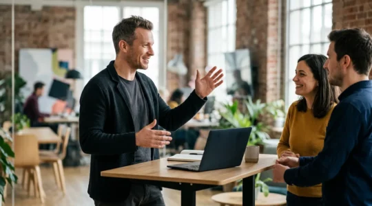 Développeur senior en discussion collaborative avec l'équipe marketing dans un espace de travail moderne