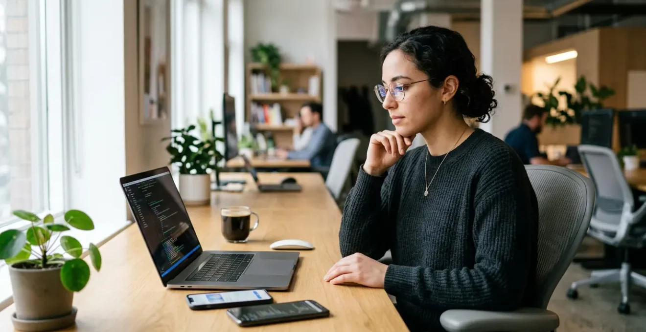 Développeur travaillant sur ordinateur portable avec reflets d'interfaces mobiles dans ses lunettes, symbolisant la transition du web au mobile natif