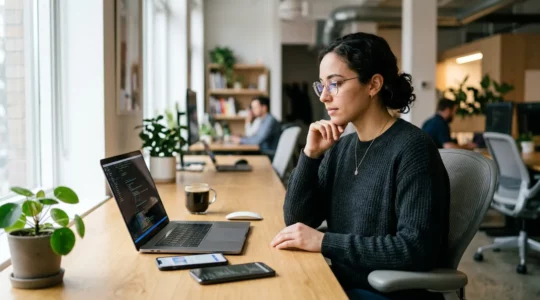 Développeur travaillant sur ordinateur portable avec reflets d'interfaces mobiles dans ses lunettes, symbolisant la transition du web au mobile natif