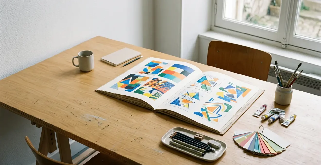 Portfolio artistique ouvert montrant des planches créatives pour un BTS Design Graphique