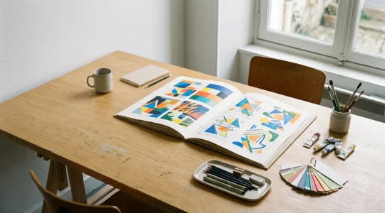 Portfolio artistique ouvert montrant des planches créatives pour un BTS Design Graphique