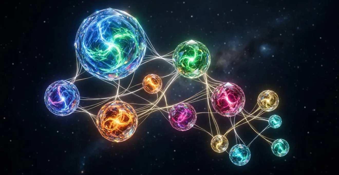 Réseau de sphères lumineuses connectées flottant dans un espace minimaliste