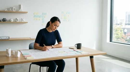 Entrepreneur travaillant sur son MVP avec des outils no-code dans un environnement de startup moderne