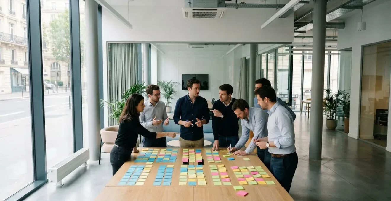Équipe agile en rétrospective utilisant des post-its pour résoudre un conflit de manière constructive