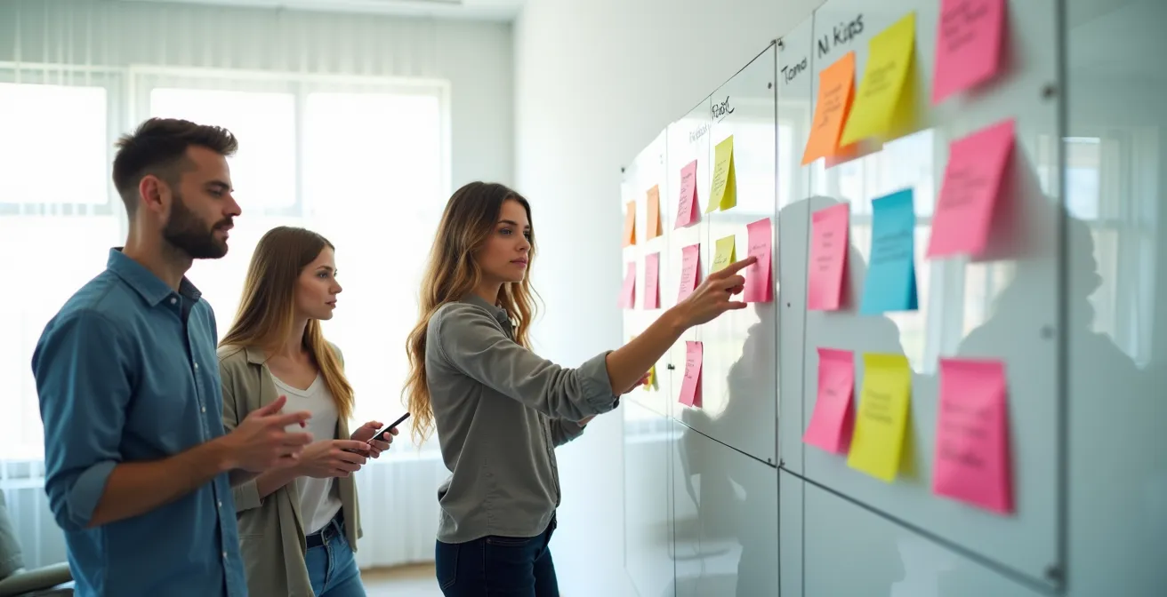 Équipe en réunion de sprint planning autour d'un tableau kanban physique