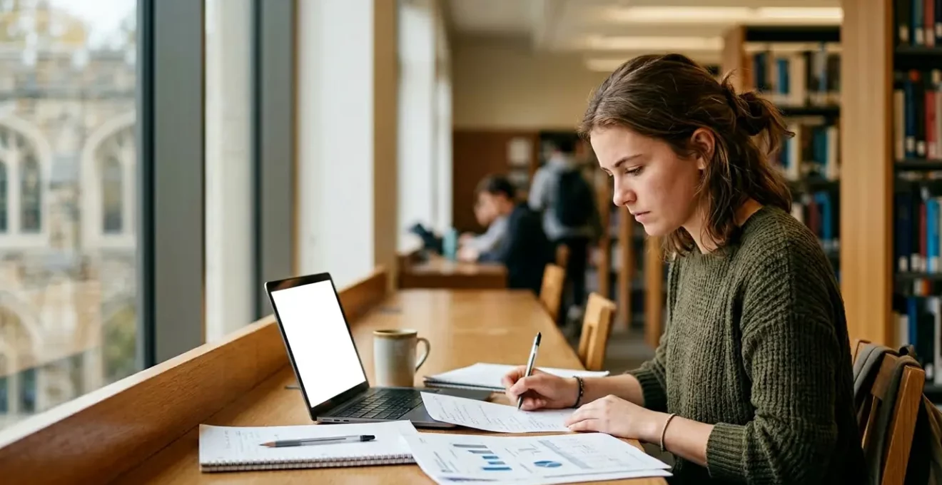 Étudiant en école d'ingénieur consultant des documents financiers dans une bibliothèque lumineuse