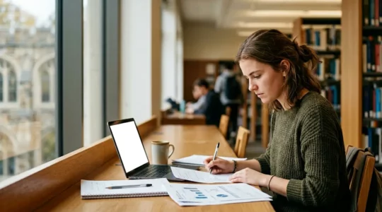 Étudiant en école d'ingénieur consultant des documents financiers dans une bibliothèque lumineuse