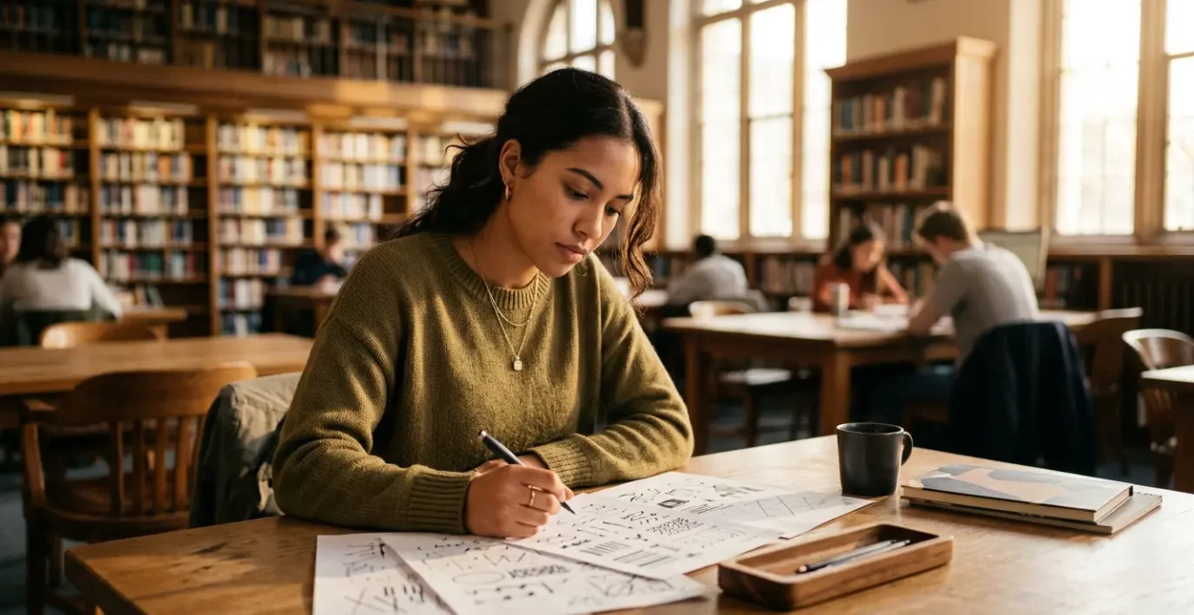 Un étudiant concentré examine attentivement des documents administratifs dans un environnement académique lumineux