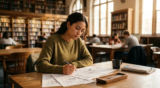 Un étudiant concentré examine attentivement des documents administratifs dans un environnement académique lumineux