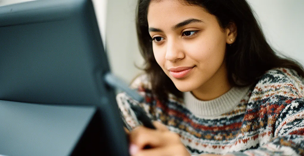 Étudiante en webdesign travaillant sur une tablette graphique dans un espace créatif moderne avec vue sur la ville