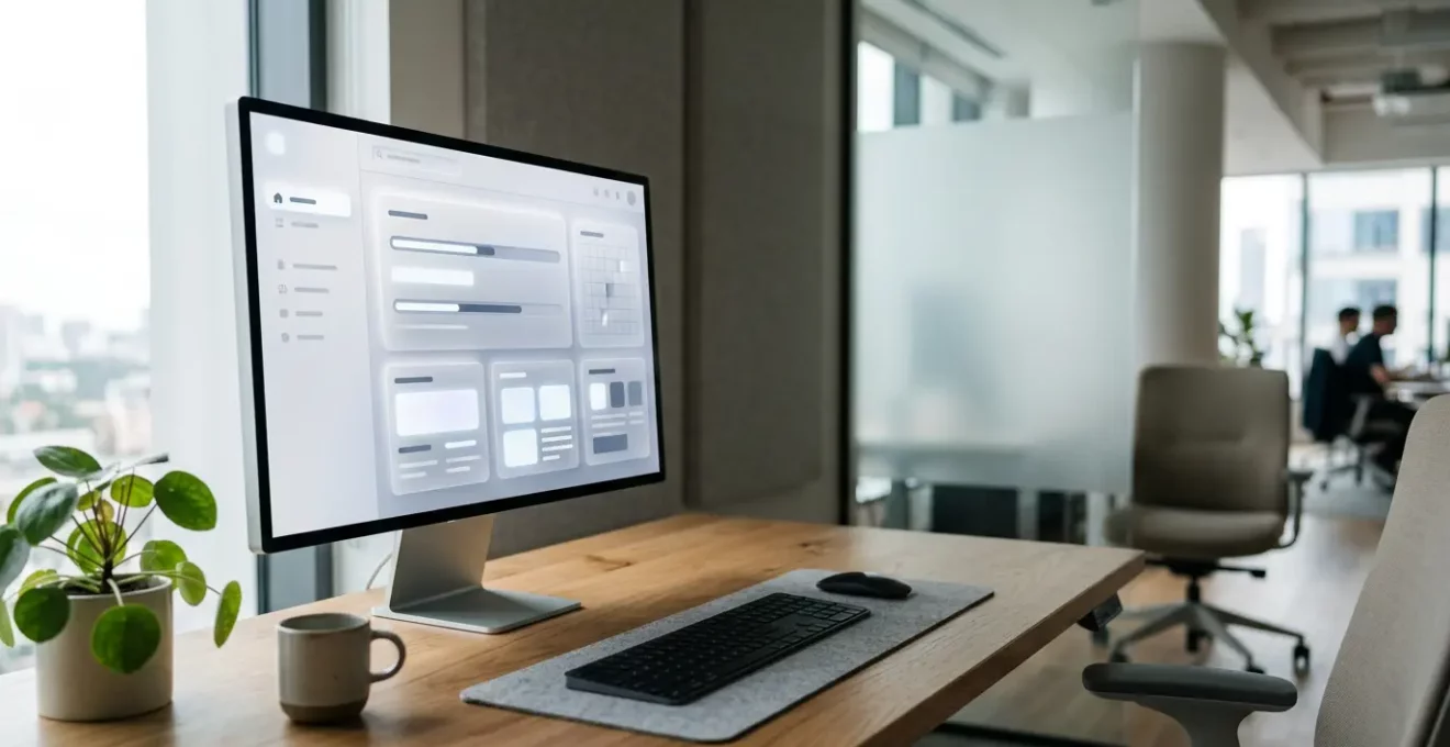 Écran d'ordinateur montrant une interface web moderne avec des éléments de navigation fluides et des indicateurs de performance
