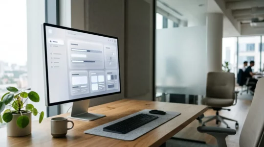 Écran d'ordinateur montrant une interface web moderne avec des éléments de navigation fluides et des indicateurs de performance