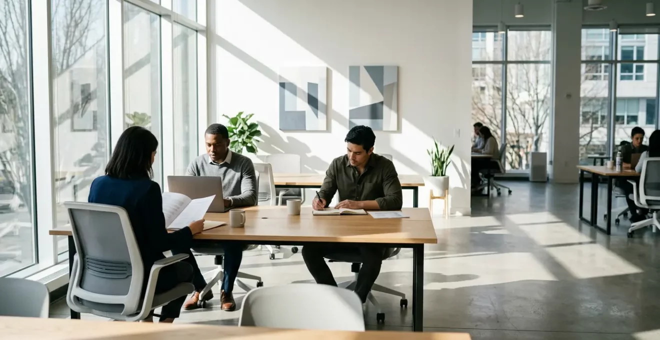 Professionnels en formation consultant des documents financiers avec ordinateur portable dans un espace de coworking moderne