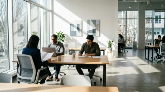 Professionnels en formation consultant des documents financiers avec ordinateur portable dans un espace de coworking moderne