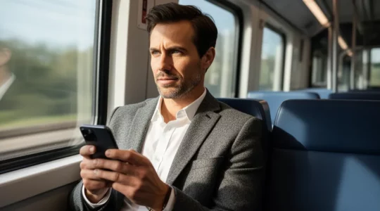 Commercial en déplacement consultant son smartphone dans un train, formation mobile visible sur l'écran