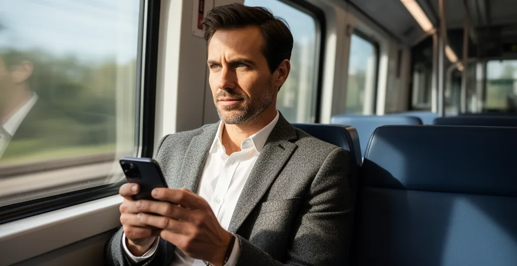 Commercial en déplacement consultant son smartphone dans un train, formation mobile visible sur l'écran