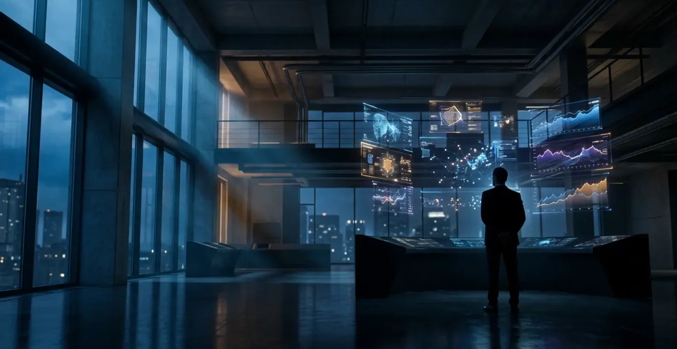 Gestionnaire de communauté analysant des écrans multiples dans un centre de commande digital avec graphiques de monitoring en temps réel