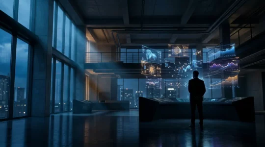 Gestionnaire de communauté analysant des écrans multiples dans un centre de commande digital avec graphiques de monitoring en temps réel