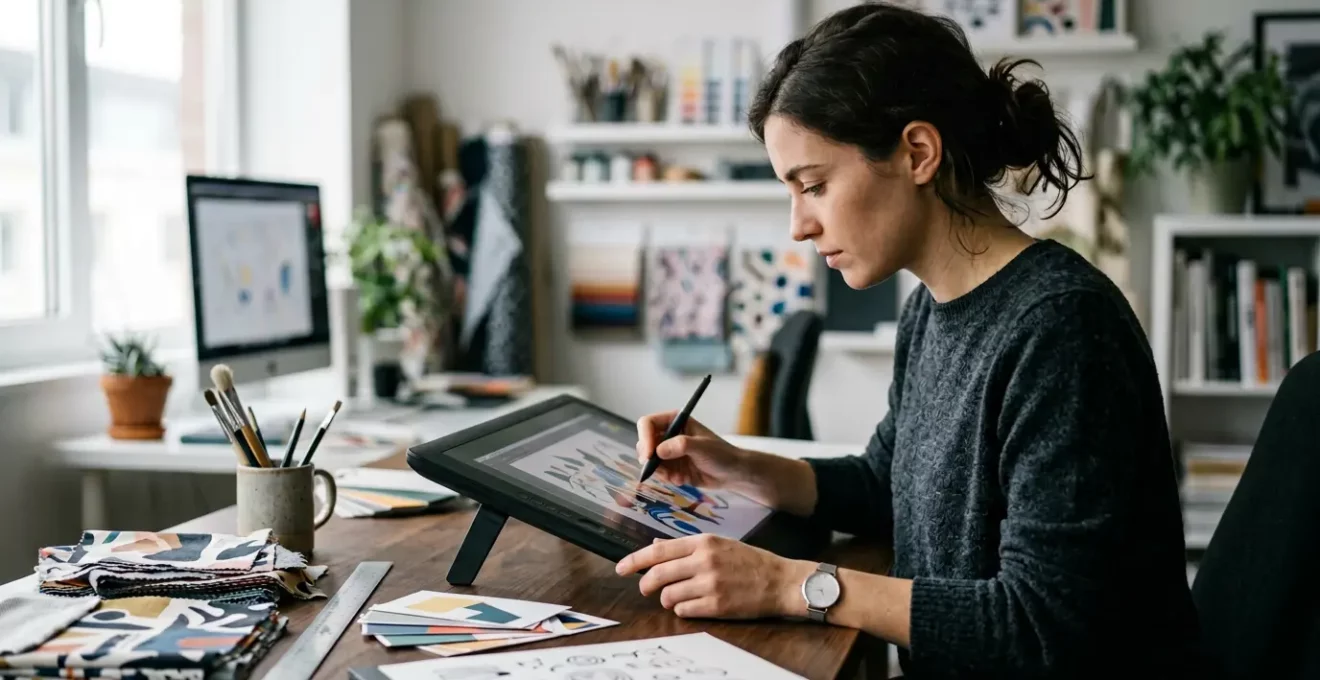 Maquettiste professionnel travaillant sur un écran d'ordinateur avec des outils graphiques et des projets créatifs