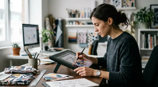 Maquettiste professionnel travaillant sur un écran d'ordinateur avec des outils graphiques et des projets créatifs